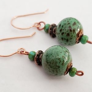 Boho Rustic Green Ceramic And Copper Earrings